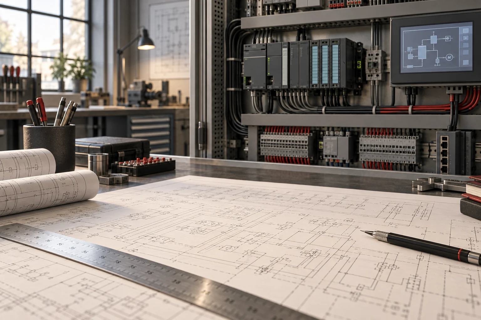 Elektrotechnische ontwerptekeningen en industriële besturingscomponenten, conceptbeeld