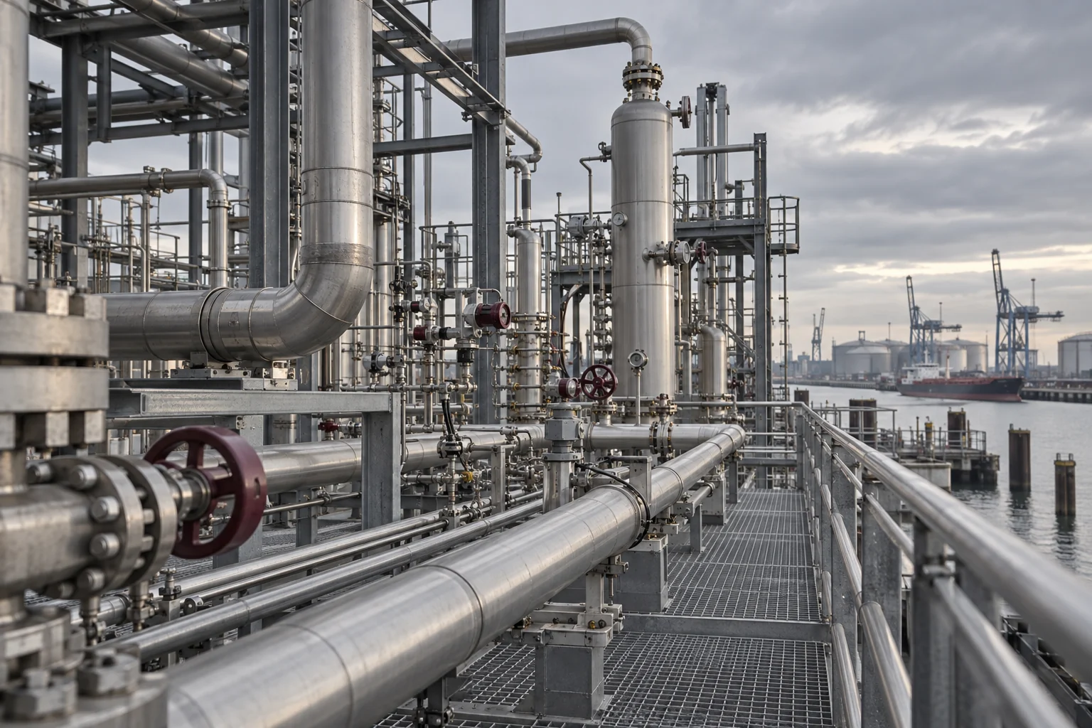 Conceptvisualisatie van procesleidingen, meetinstrumentatie en industriële installaties in een petrochemische omgeving